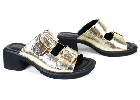 Дамски чехли от естествена кожа Brilla Doppia в златист цвят със среден ток