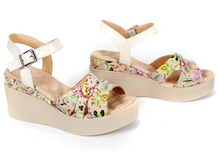 Flora Bellezza дамски сандали бежов флорален принт естествена кожа