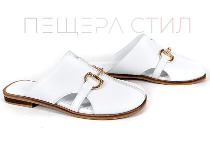 Дамски чехли Luna Piena от бяла естествена кожа със златист акцент