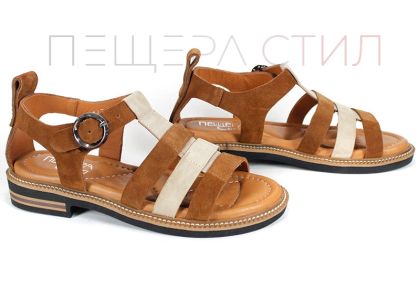 дамски сандали Sole Bruna от велур в бежово и кафяво с кожена стелка