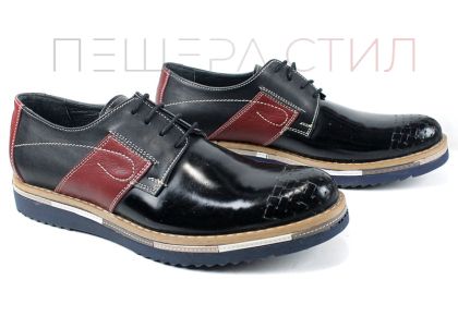 Преоценени мъжки обувки от естествена кожа и лак в черно с бордо елементи 1508