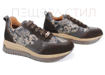 Дамски сникърси Елеа от кафяв велур, кожа флотер и змийски принт