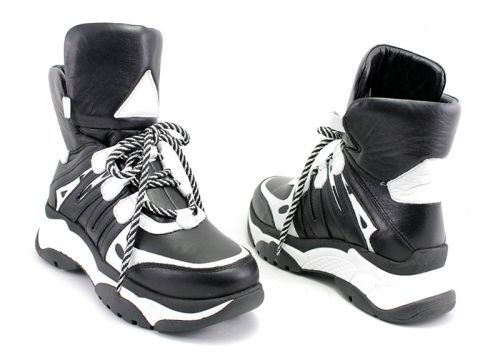 Pantofi sport de iarnă pentru femei, din piele naturală, alb-negru 6000 CH