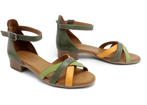 Дамски сандали от естествена кожа в цвят мулти олив - Модел Леви. Големи размери №41 и №42.