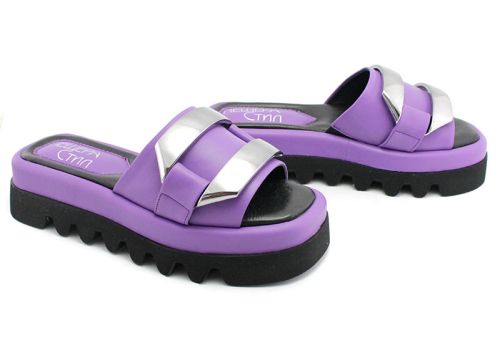 Papuci de dama cu toc inalt din piele naturala de culoare violet - Model Zoya.