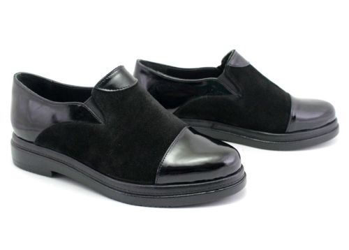 Pantofi casual dama din piele lacuita si piele intoarsa de culoare neagra - Model Areselis.
