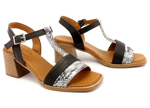 Sandale de dama din piele naturala negru si negru sarpe cu toc mediu - Model Rosalia.