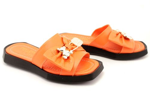 Papuci de dama din piele naturala portocalie - Model Angelina.