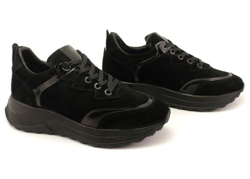 Pantofi sport de dama din piele intoarsa naturala de culoare neagra - Model Estella.