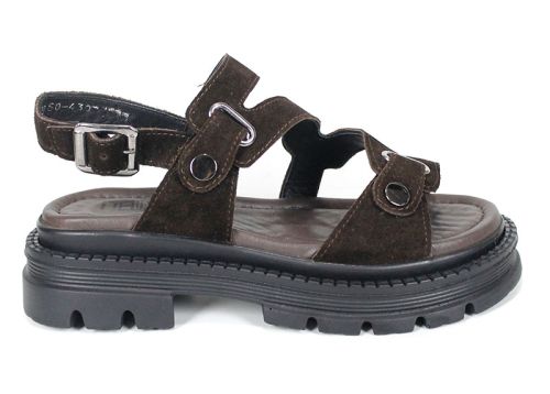 дамски сандали Terra Rise от естествен велур в тъмнокафяво с анатомична стелка и платформа с грайфер