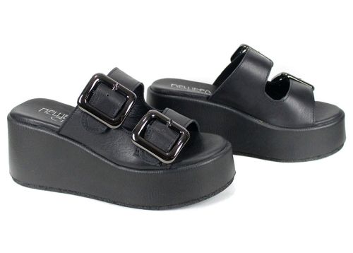 Дамски чехли от естествена кожа на платформа, в черно - модел Caffè Leggero