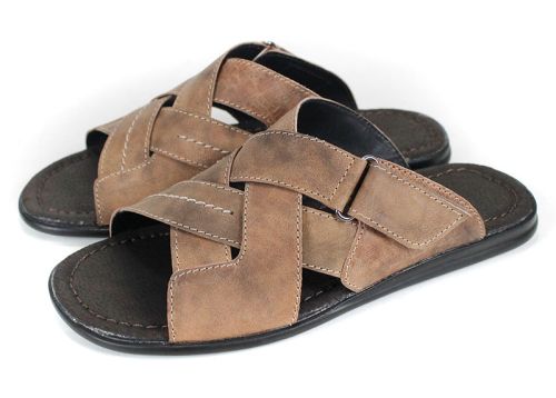 мъжки кафяви кожени чехли с велкро лента