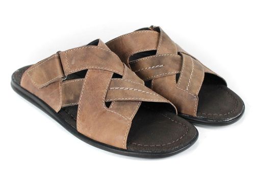 мъжки кафяви кожени чехли с велкро лента