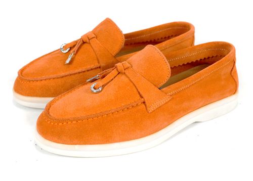 Дамски мокасини Мистика от оранжев велур с бяло ходило