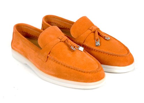 Дамски мокасини Мистика от оранжев велур с бяло ходило