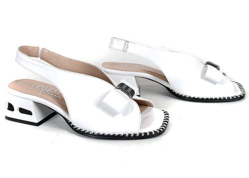 бели дамски сандали Lucia Forte от естествена кожа с панделка и геометричен ток