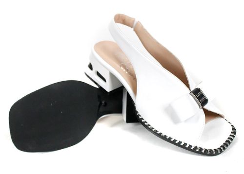 бели дамски сандали Lucia Forte от естествена кожа с панделка и геометричен ток