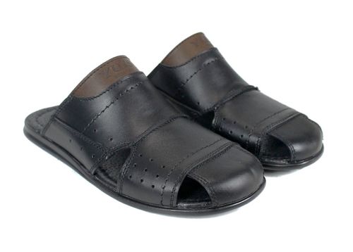 Мъжки чехли Nero Punto от естествена кожа, черен цвят със затворени пръсти