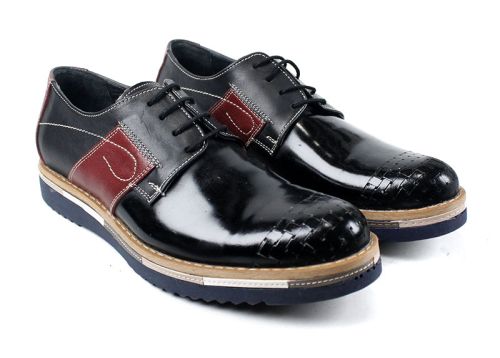 Преоценени мъжки обувки от естествена кожа и лак в черно с бордо елементи 1508