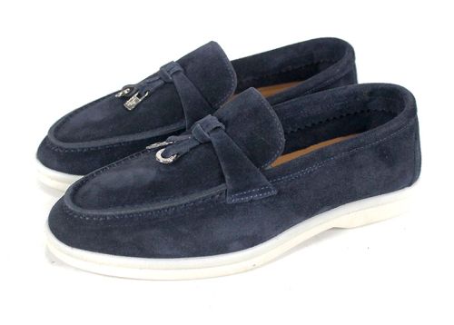 Мистика – дамски мокасини от тъмносин велур с кожена стелка и гъвкаво бяло ходило