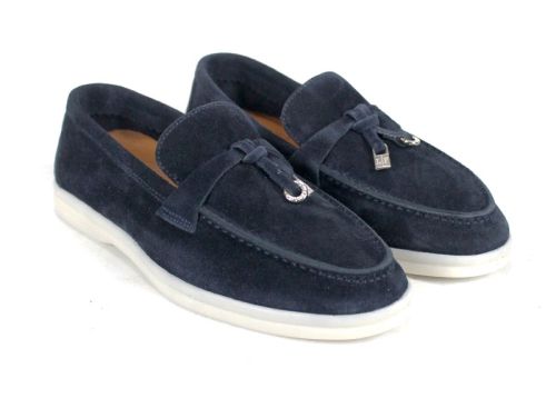 Мистика – дамски мокасини от тъмносин велур с кожена стелка и гъвкаво бяло ходило