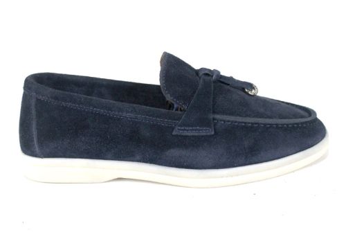 Мистика – дамски мокасини от тъмносин велур с кожена стелка и гъвкаво бяло ходило