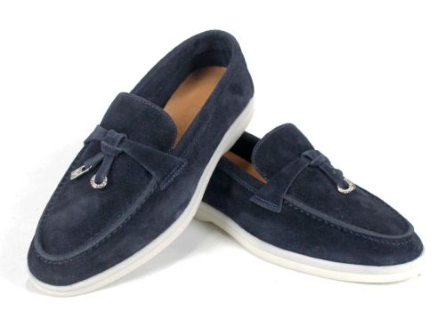 Мистика – дамски мокасини от тъмносин велур с кожена стелка и гъвкаво бяло ходило