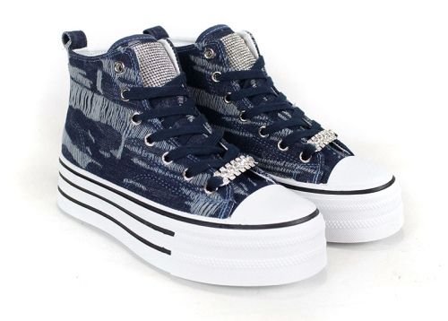 Дамски високи кецове от тъмносин деним с брошка и платформа