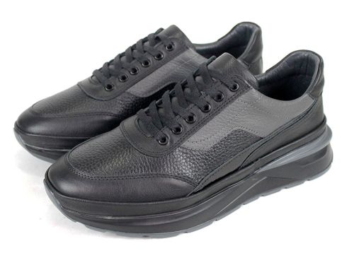 Мъжки спортни обувки Silente Nero от естествена кожа – черни и сиви, мемори пяна, гъвкаво ходило