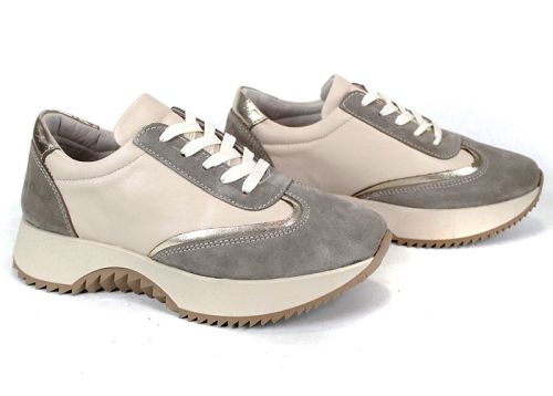 Дамски сникърси Eleganza Viso – естествена кожа бежова и визон велур със златист акцент