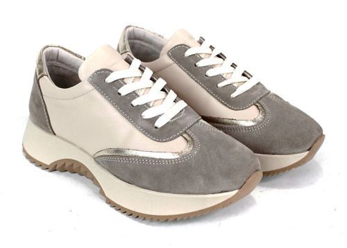 Дамски сникърси Eleganza Viso – естествена кожа бежова и визон велур със златист акцент