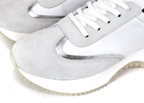 Дамски сникърси Eleganza Viso от бяла кожа, бял велур и сребрист детайл