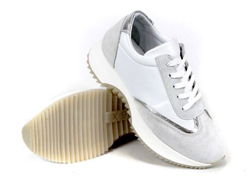 Дамски сникърси Eleganza Viso от бяла кожа, бял велур и сребрист детайл