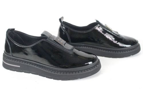 дамски ежедневни обувки от естествен лак в черно с ластик – Eleganza Notte