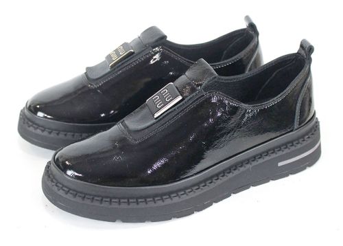 дамски ежедневни обувки от естествен лак в черно с ластик – Eleganza Notte