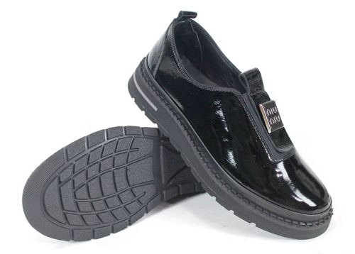 дамски ежедневни обувки от естествен лак в черно с ластик – Eleganza Notte