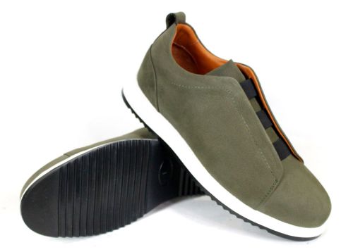 модни мъжки обувки от естествен набук каки без връзки с ластици и спортно ходило