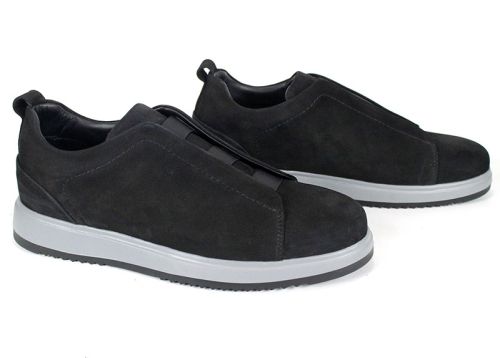 мъжки обувки от естествен набук черни без връзки с ластици и спортно ходило