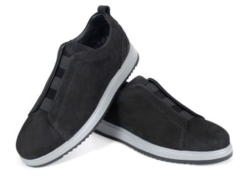 мъжки обувки от естествен набук черни без връзки с ластици и спортно ходило