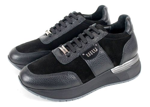 Дамски сникърси Bruna Forte – естествена кожа и велур, черни, с гъвкаво спортно ходило.