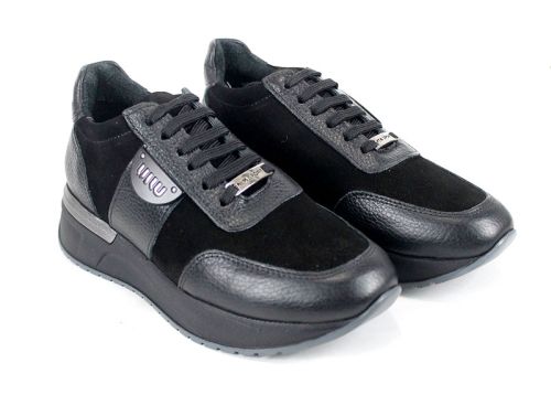 Дамски сникърси Bruna Forte – естествена кожа и велур, черни, с гъвкаво спортно ходило.