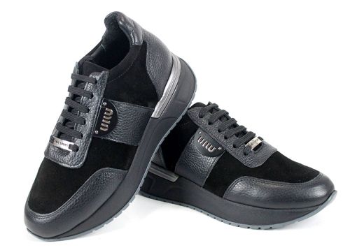 Дамски сникърси Bruna Forte – естествена кожа и велур, черни, с гъвкаво спортно ходило.