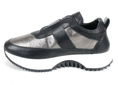 Дамски сникърси Nova Stella от естествена кожа – черно и платина