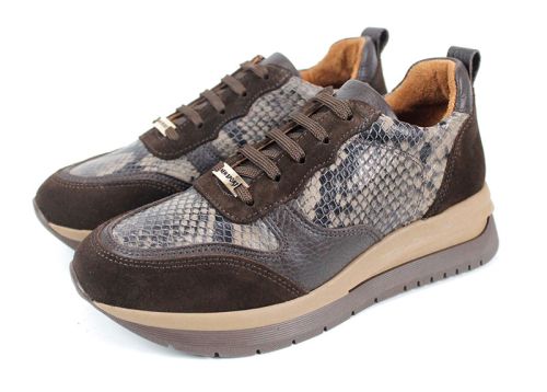 Дамски сникърси Елеа от кафяв велур, кожа флотер и змийски принт