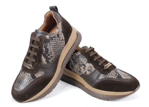 Дамски сникърси Елеа от кафяв велур, кожа флотер и змийски принт