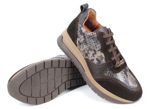 Дамски сникърси Елеа от кафяв велур, кожа флотер и змийски принт