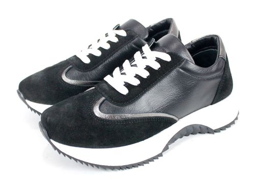 Дамски сникърси  Eleganza Viso от черна кожа и велур с бяла подметка