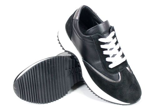 Дамски сникърси  Eleganza Viso от черна кожа и велур с бяла подметка