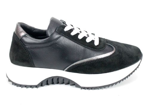 Дамски сникърси  Eleganza Viso от черна кожа и велур с бяла подметка