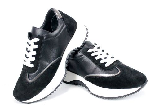 Дамски сникърси  Eleganza Viso от черна кожа и велур с бяла подметка